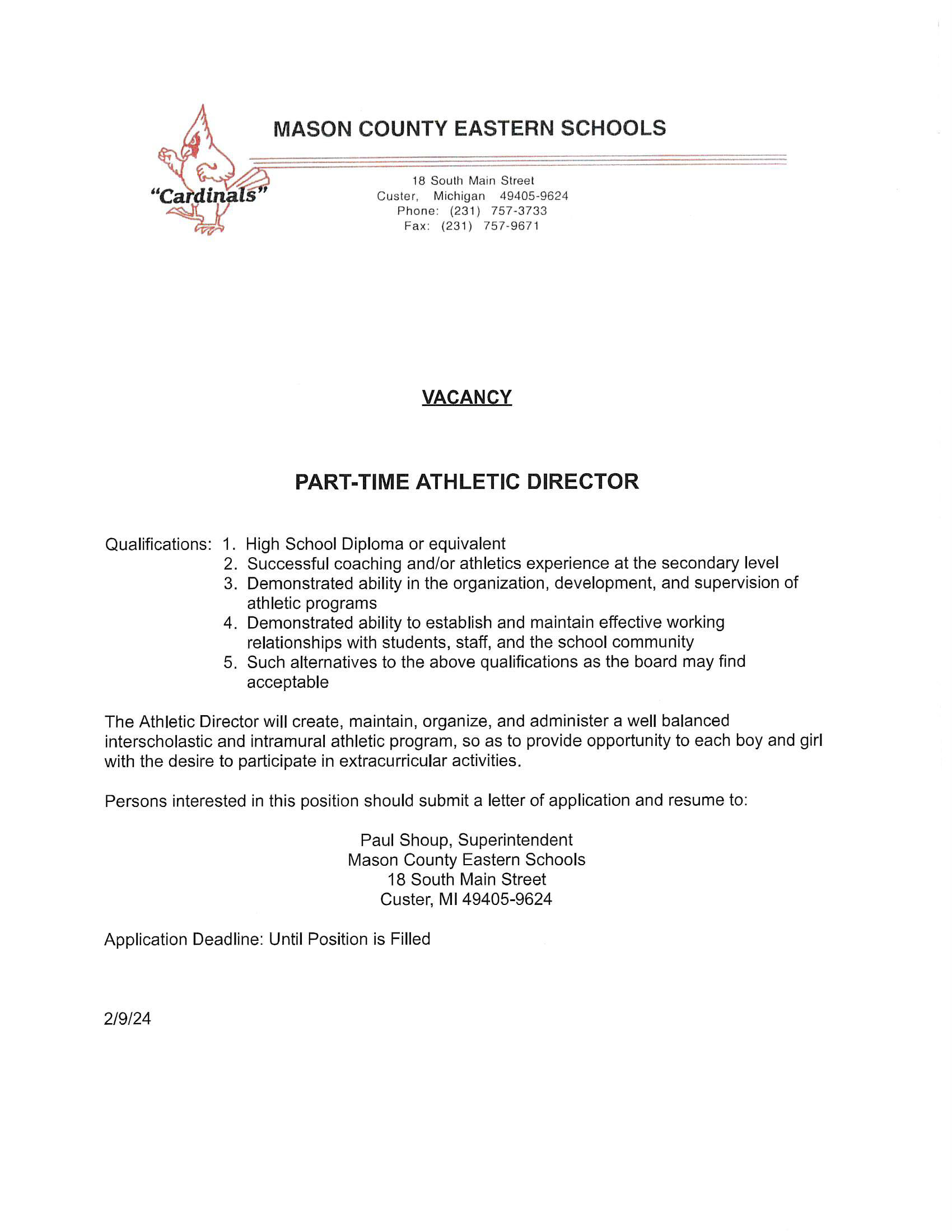 Employment Opportunity: Athletic Director, MCE, part-time